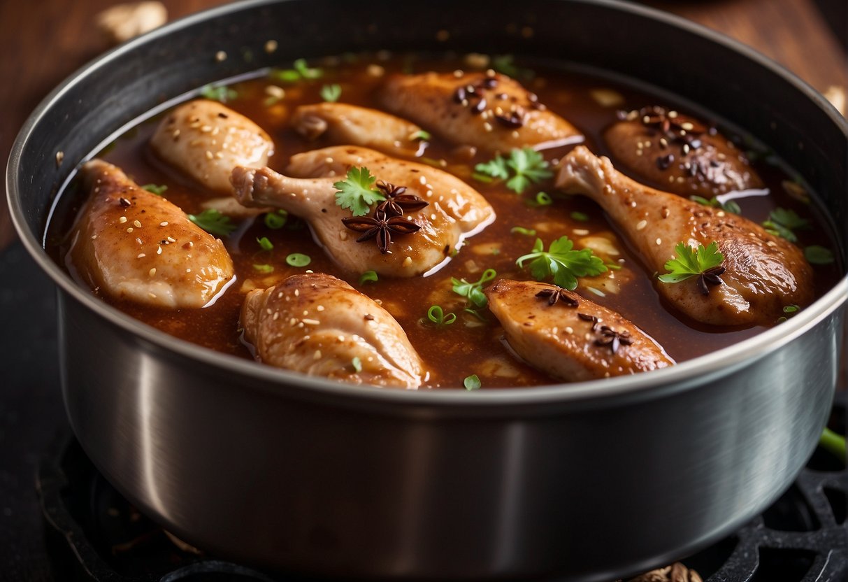 A pot simmering with dark soya sauce, ginger, garlic, and star anise, as a whole chicken is being submerged into the fragrant liquid