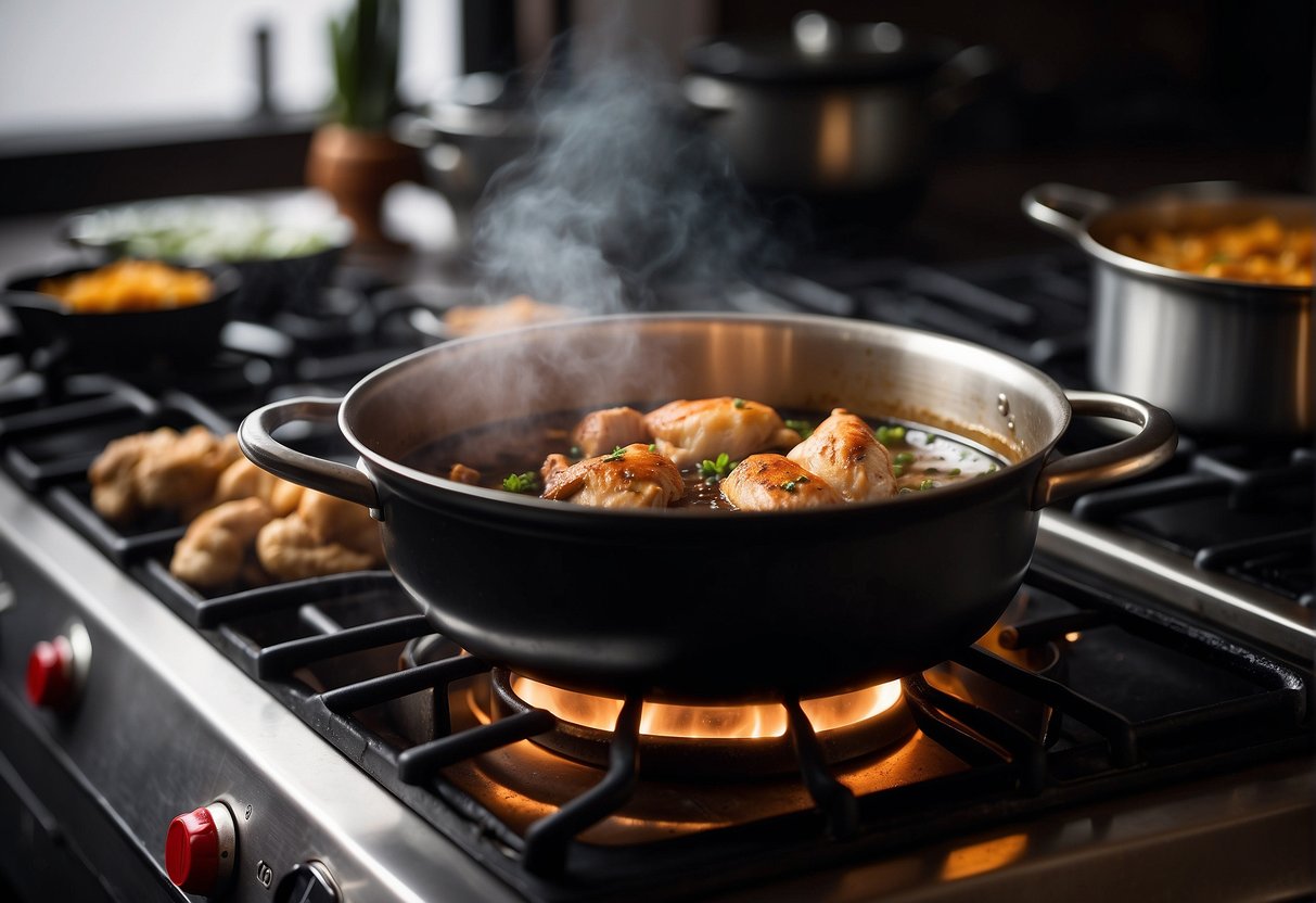 A pot simmers on a stovetop, filled with dark, glossy Chinese soy sauce chicken. Steam rises, carrying the rich aroma of ginger, garlic, and star anise