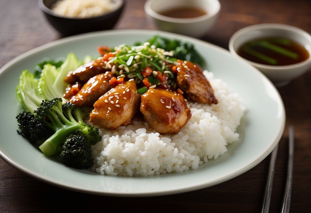 A plate of Chinese soya sauce chicken with steamed rice and bok choy, accompanied by a side of chili sauce and a glass of green tea