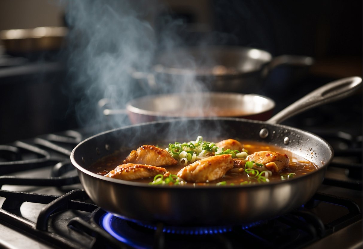 A pot of Chinese soya sauce chicken sits on a stovetop, steam rising as it reheats for a delicious meal