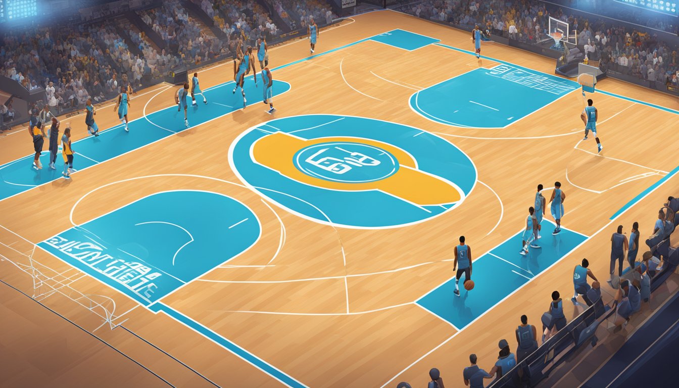 A futuristic basketball court with holographic Big Baller Brand logos and sleek, high-tech uniforms
