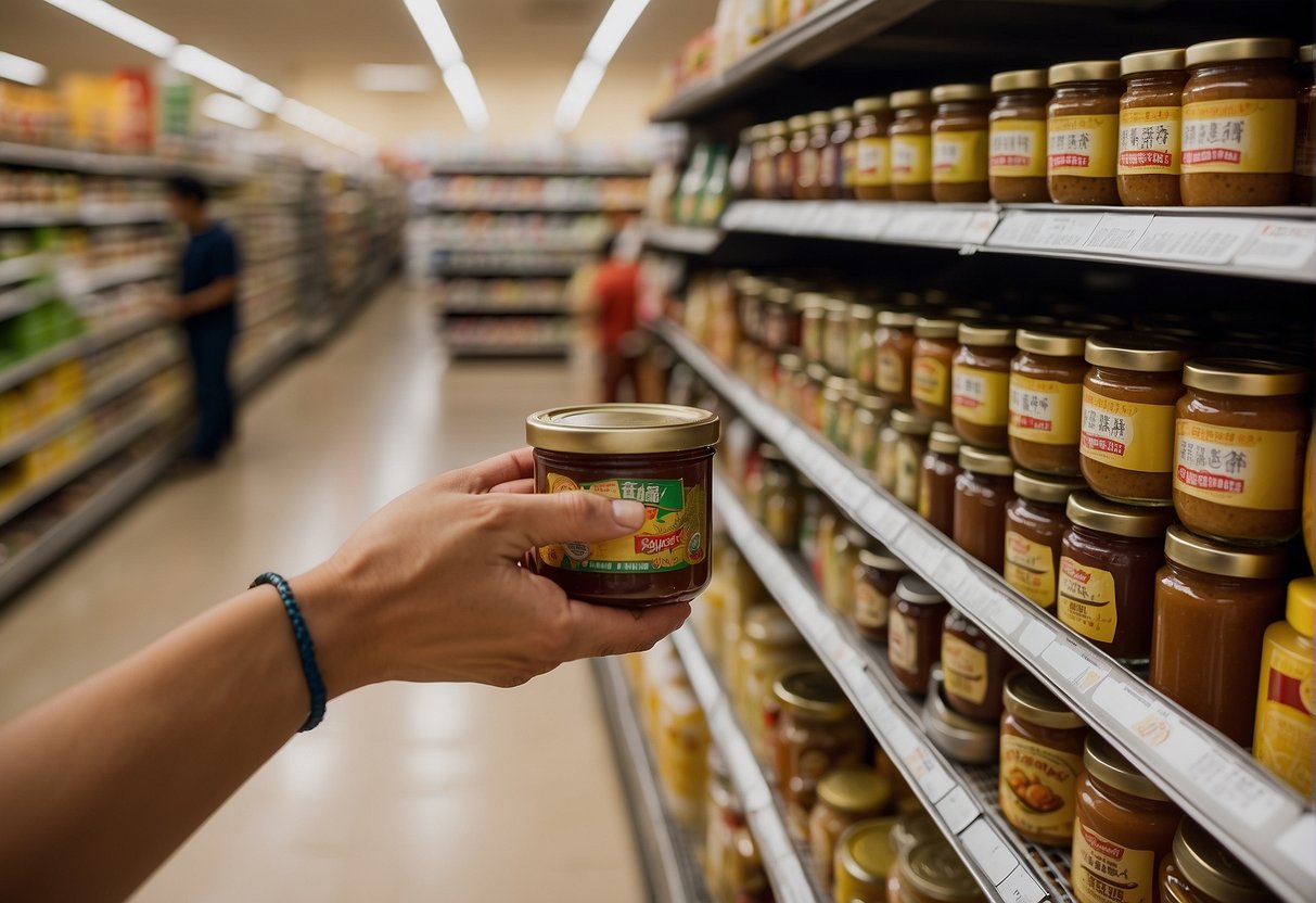 A hand reaching for a jar of Chinese soybean paste on a grocery store shelf, then placing it in a pantry next to other Asian condiments