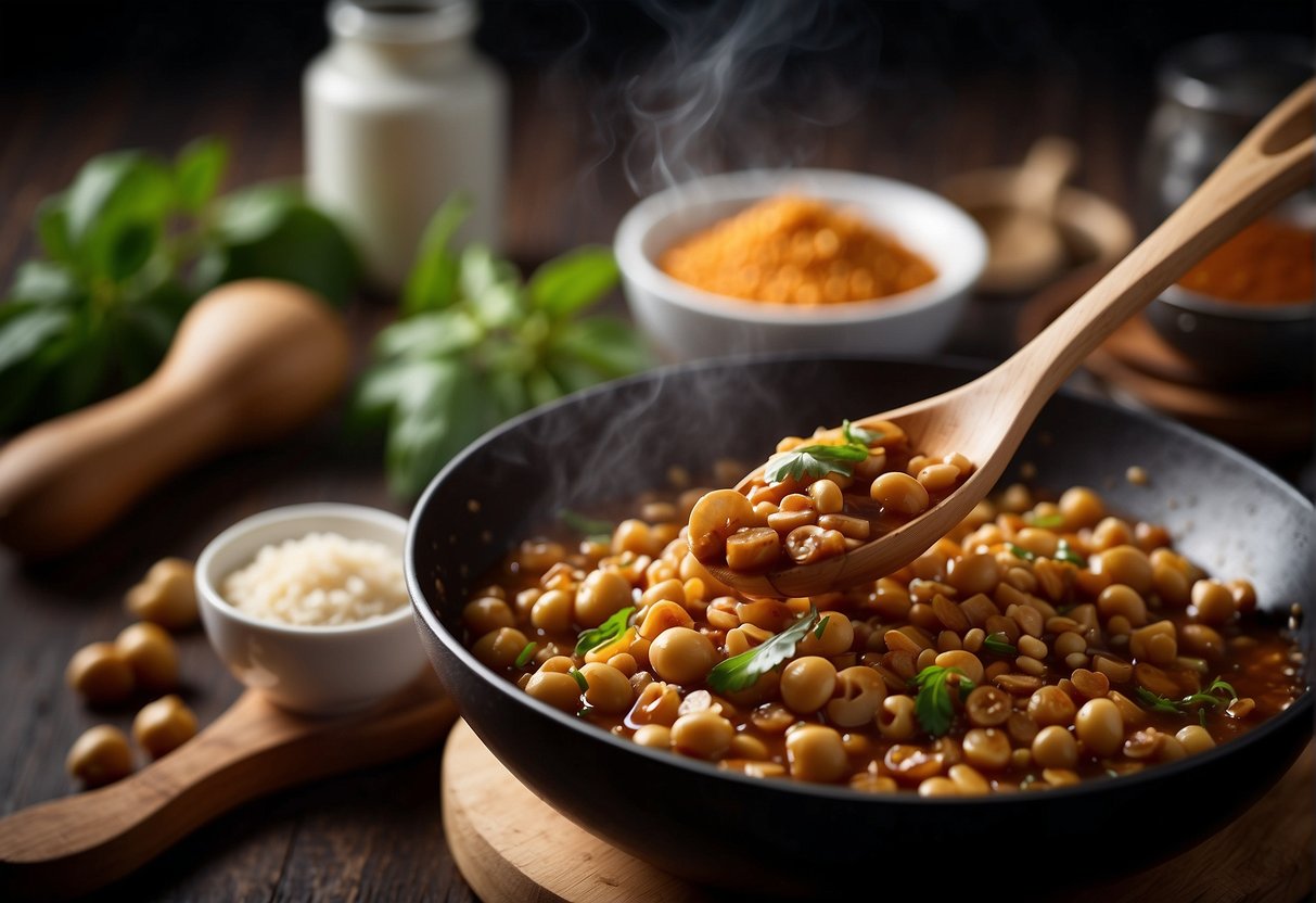 A wooden spoon stirs Chinese soybean paste in a sizzling wok, releasing aromatic flavors. Ingredients like ginger and garlic sit nearby for potential substitutions