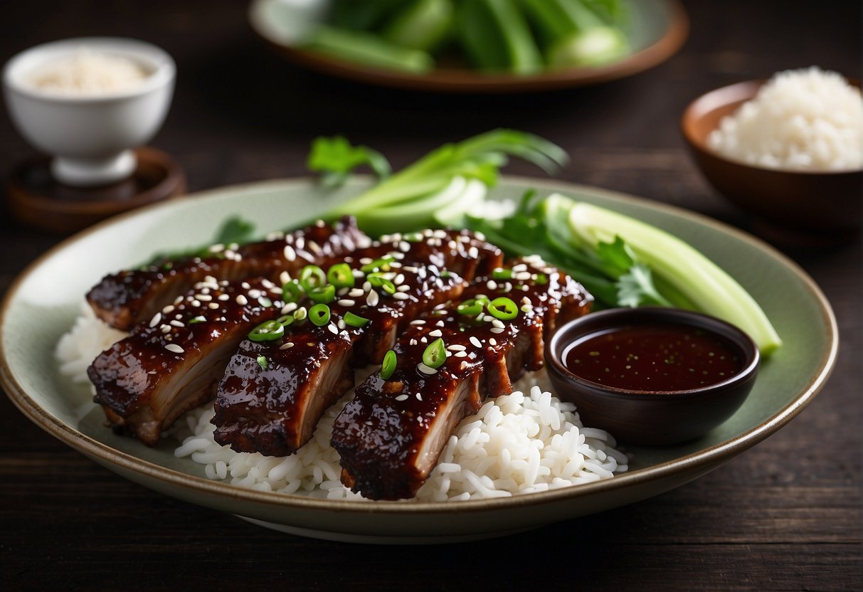 A plate of Chinese spare ribs, glazed in a rich, sticky sauce, garnished with sesame seeds and green onions, surrounded by steamed rice and bok choy