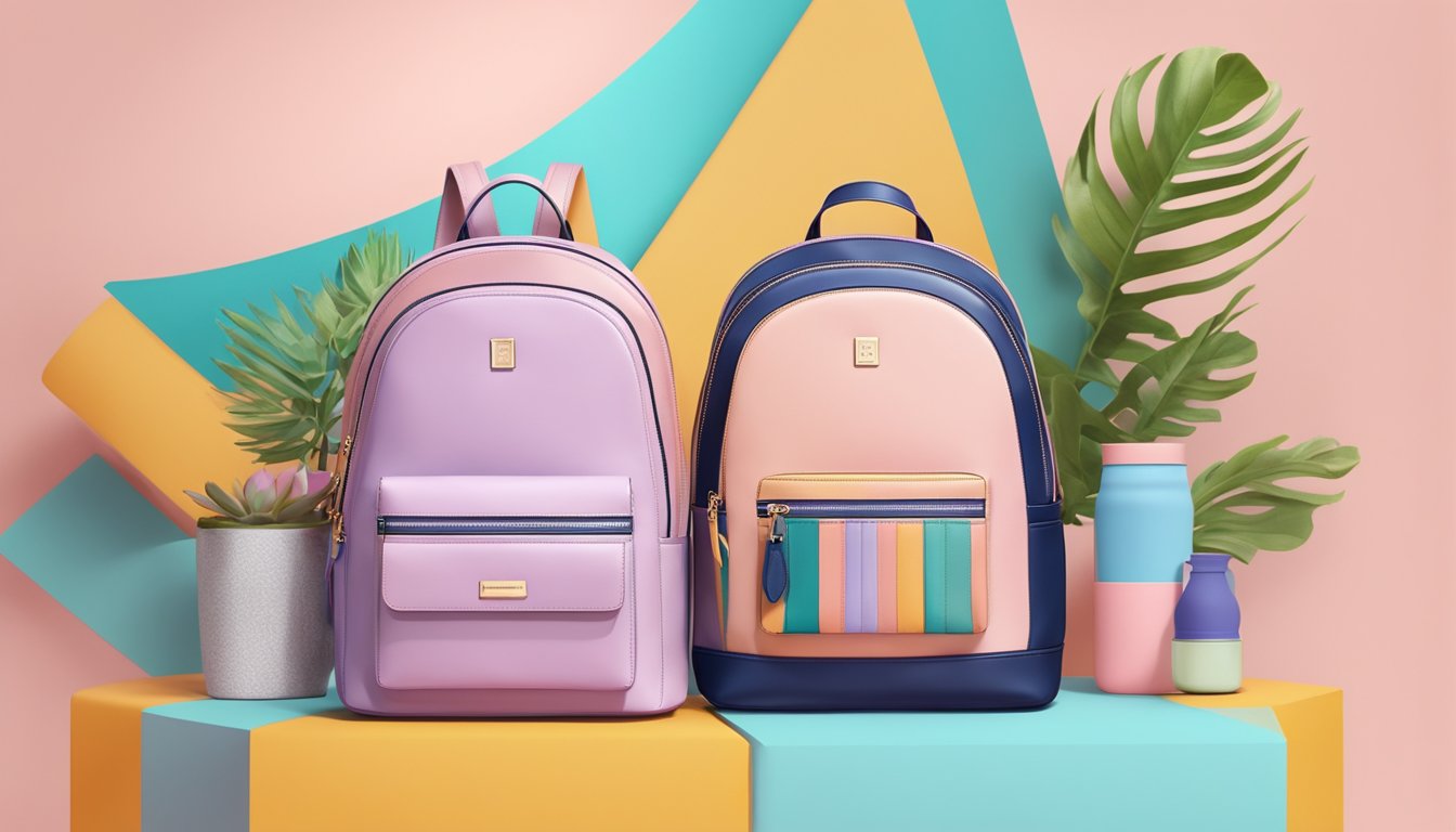 A stylish, branded backpack for ladies sits against a colorful backdrop, with its sleek design and feminine details on display