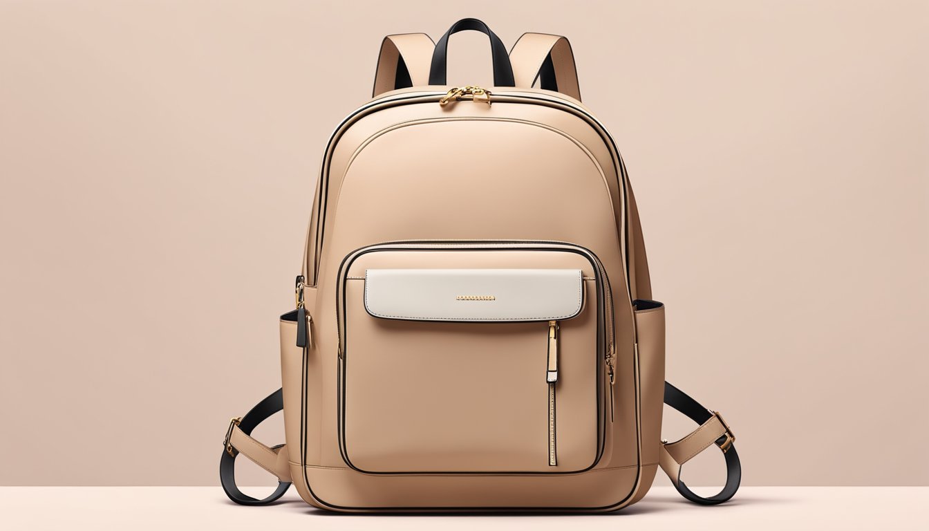 A stylish branded backpack for women displayed on a clean, modern backdrop with minimalistic decor