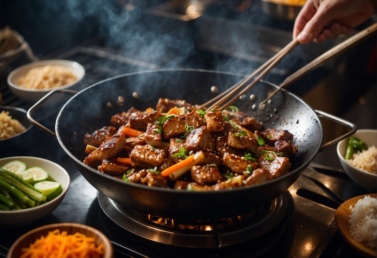 A wok sizzles as marinated spare ribs are stir-fried with garlic, ginger, and soy sauce. The aroma of caramelized sugar and spices fills the kitchen