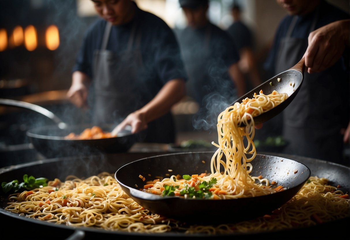 A wok sizzles as garlic and ginger are sautéed. Soy sauce, sesame oil, and noodles are tossed together, creating a savory aroma