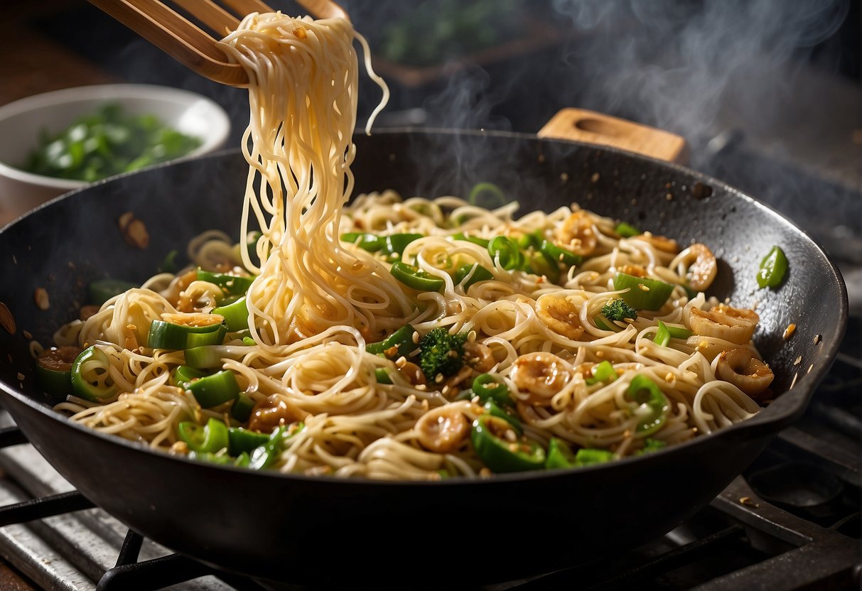 A wok sizzles with garlic, ginger, and scallions as thin noodles are tossed in a savory soy sauce and sesame oil mixture