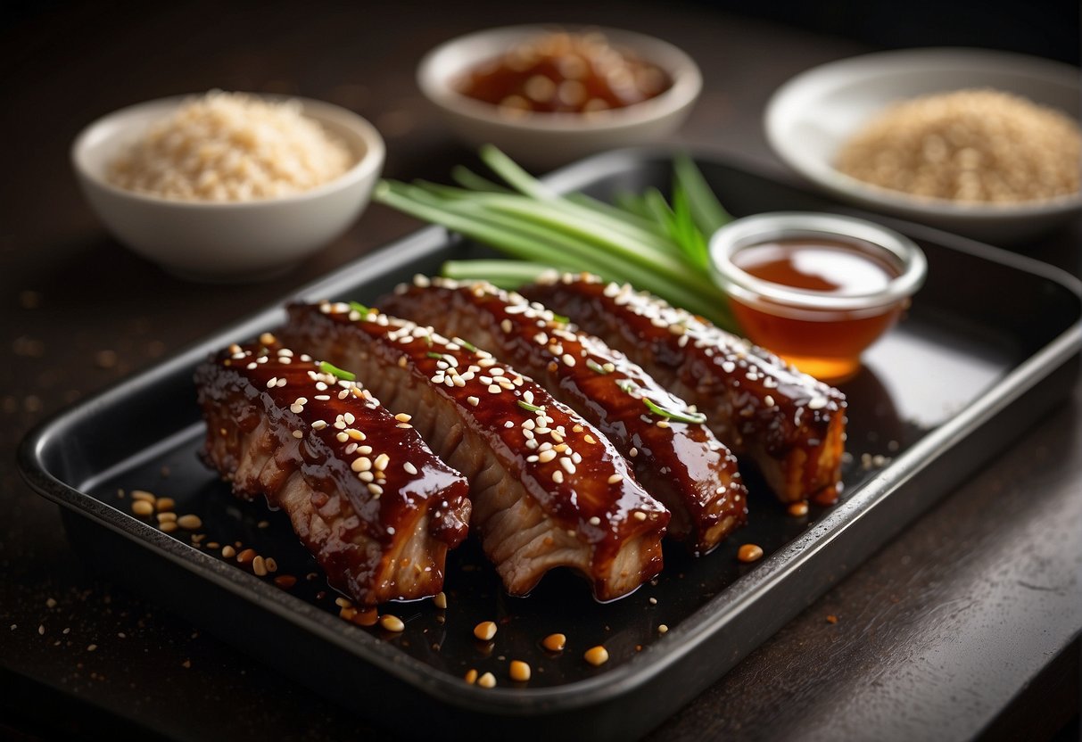Chinese spare ribs marinated in soy sauce, ginger, and garlic. Ribs arranged on a baking tray, brushed with honey glaze, and garnished with sesame seeds and green onions