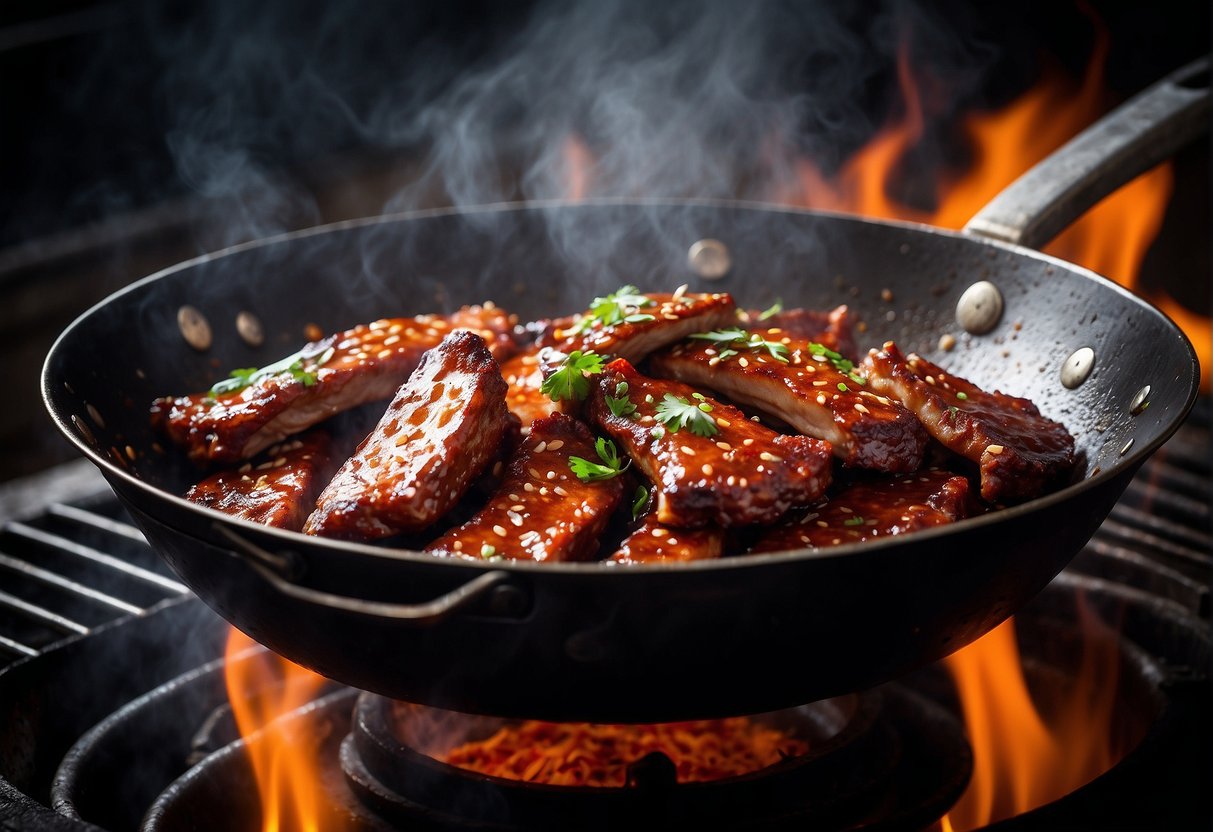 Sizzling Chinese spare ribs frying in a wok, coated in a sticky, caramelized sauce. Steam rising, aroma filling the kitchen