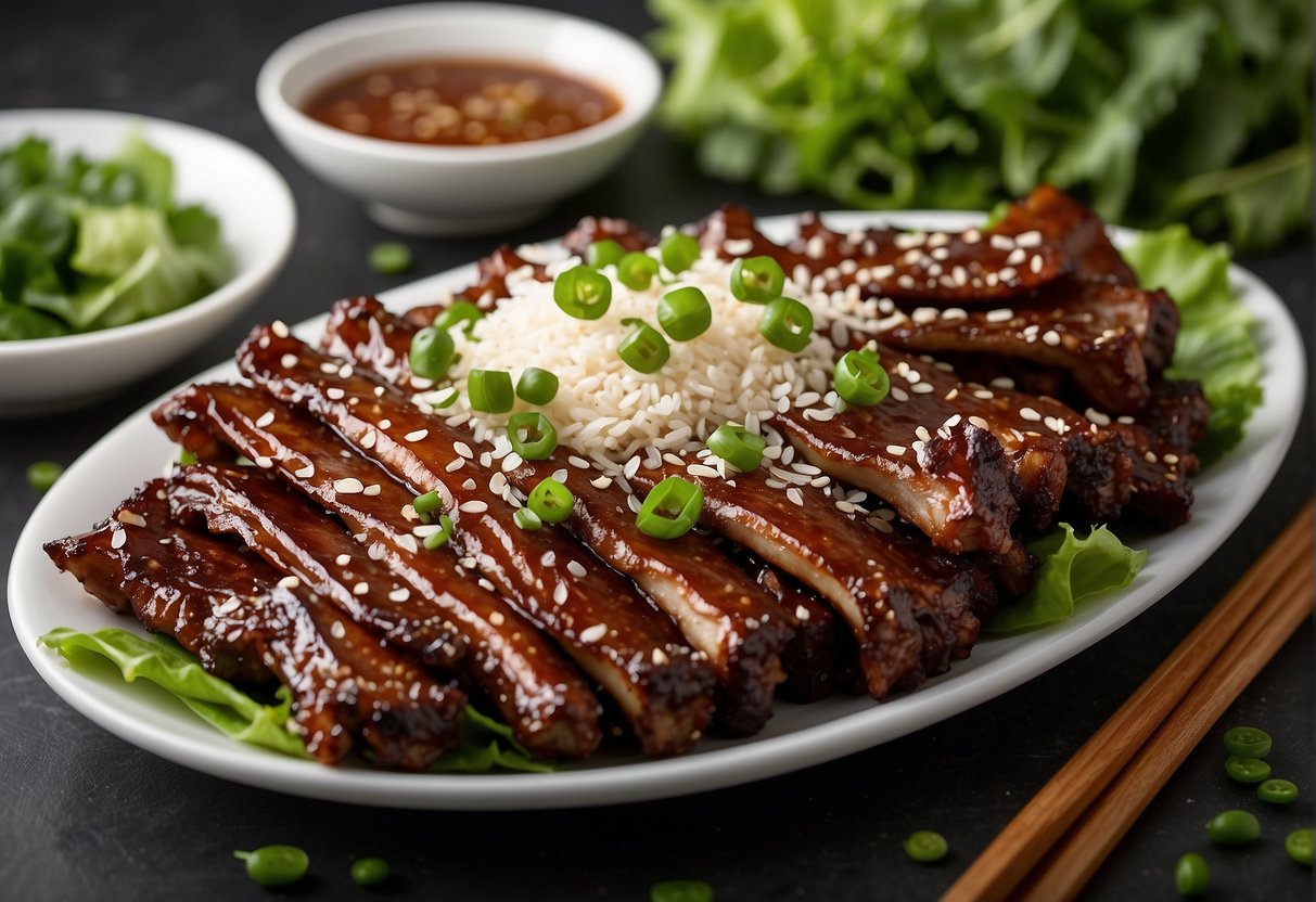 A platter of glistening Chinese spare ribs, garnished with sesame seeds and green onions, arranged on a bed of vibrant green lettuce leaves