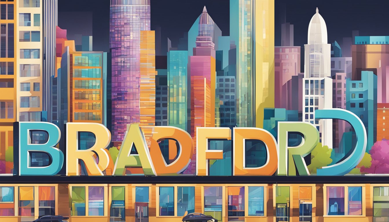 A vibrant cityscape with bold, modern architecture and a bustling city center. The name "Bradford" is prominently displayed in large, eye-catching letters