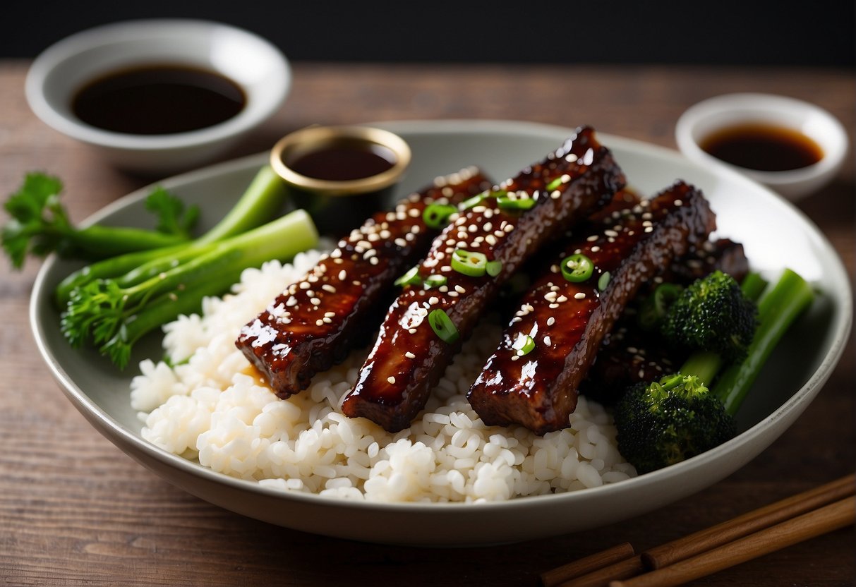 A plate of Chinese spare ribs with a side of steamed vegetables, accompanied by a small dish of soy sauce. The ribs are glazed with a sticky, sweet and savory sauce, and garnished with sesame seeds and green onions