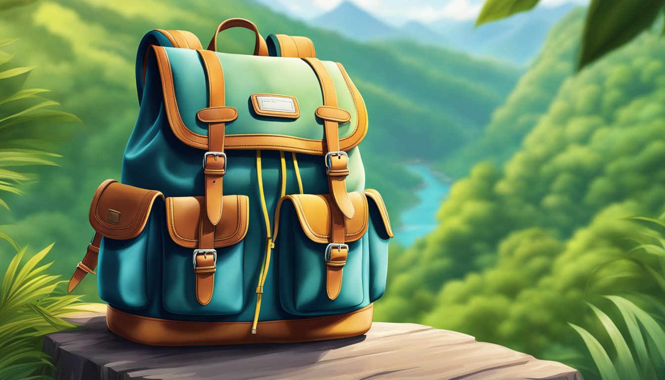A vibrant, stylish backpack sits against a backdrop of lush greenery and scenic landscapes, exuding a sense of adventure and wanderlust