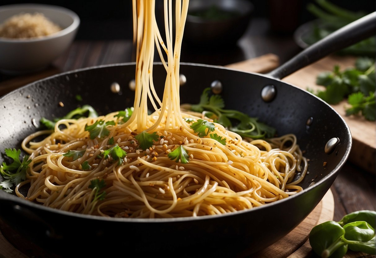 A wok sizzles with garlic, ginger, and chili as soy sauce and sesame oil are added to the bubbling mixture. Freshly cooked spaghetti is tossed in, along with green onions and cilantro, creating a fragrant and flavorful Chinese