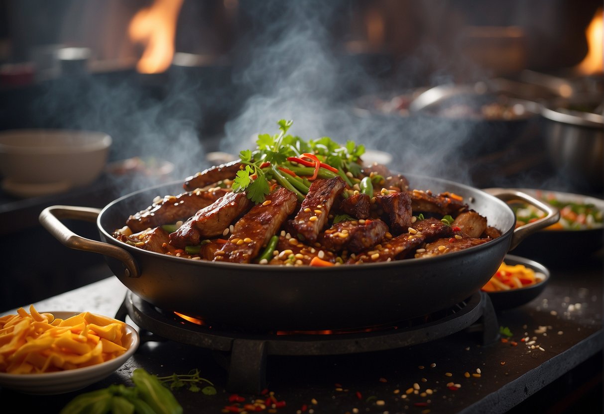 A sizzling wok filled with marinated spare ribs, surrounded by traditional Chinese spices and ingredients. Steam rises as the ribs cook to perfection