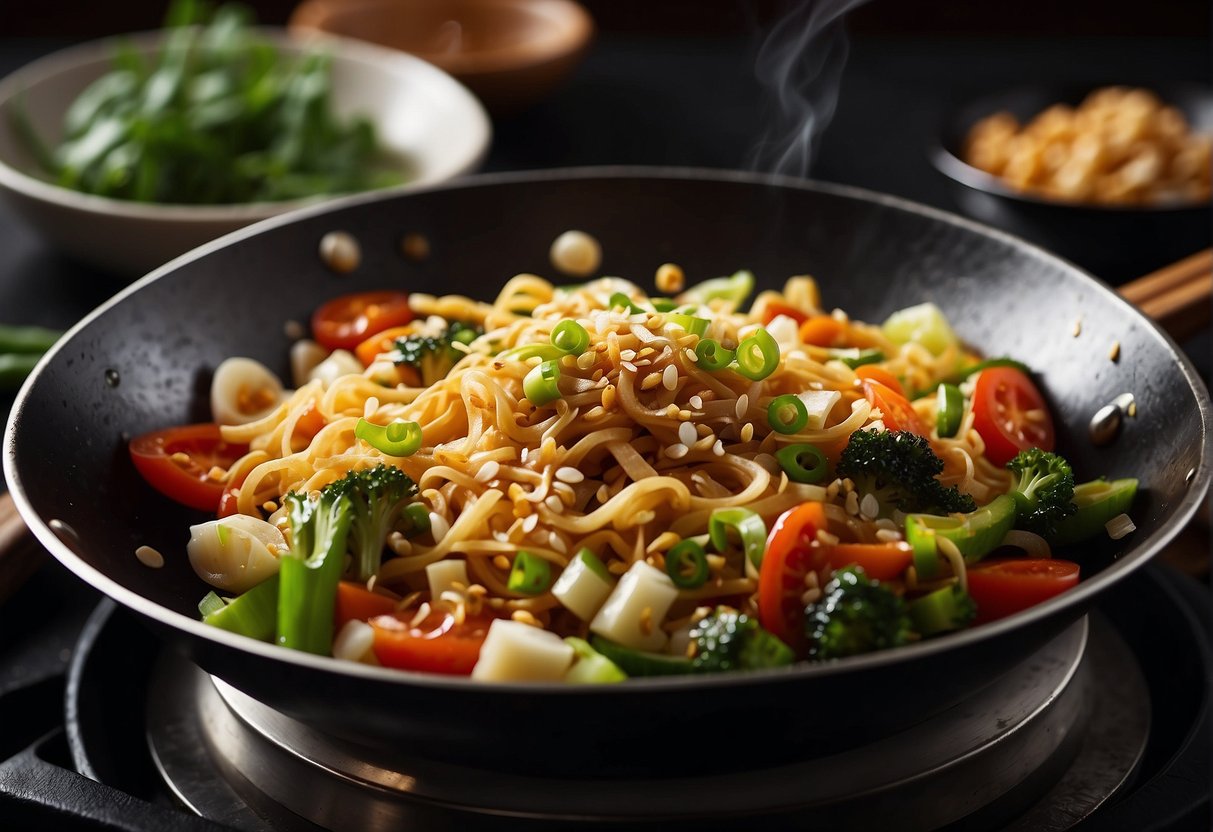 A wok sizzles as it stir-fries garlic, ginger, and vegetables. Noodles are tossed in a savory sauce, then garnished with sesame seeds and green onions