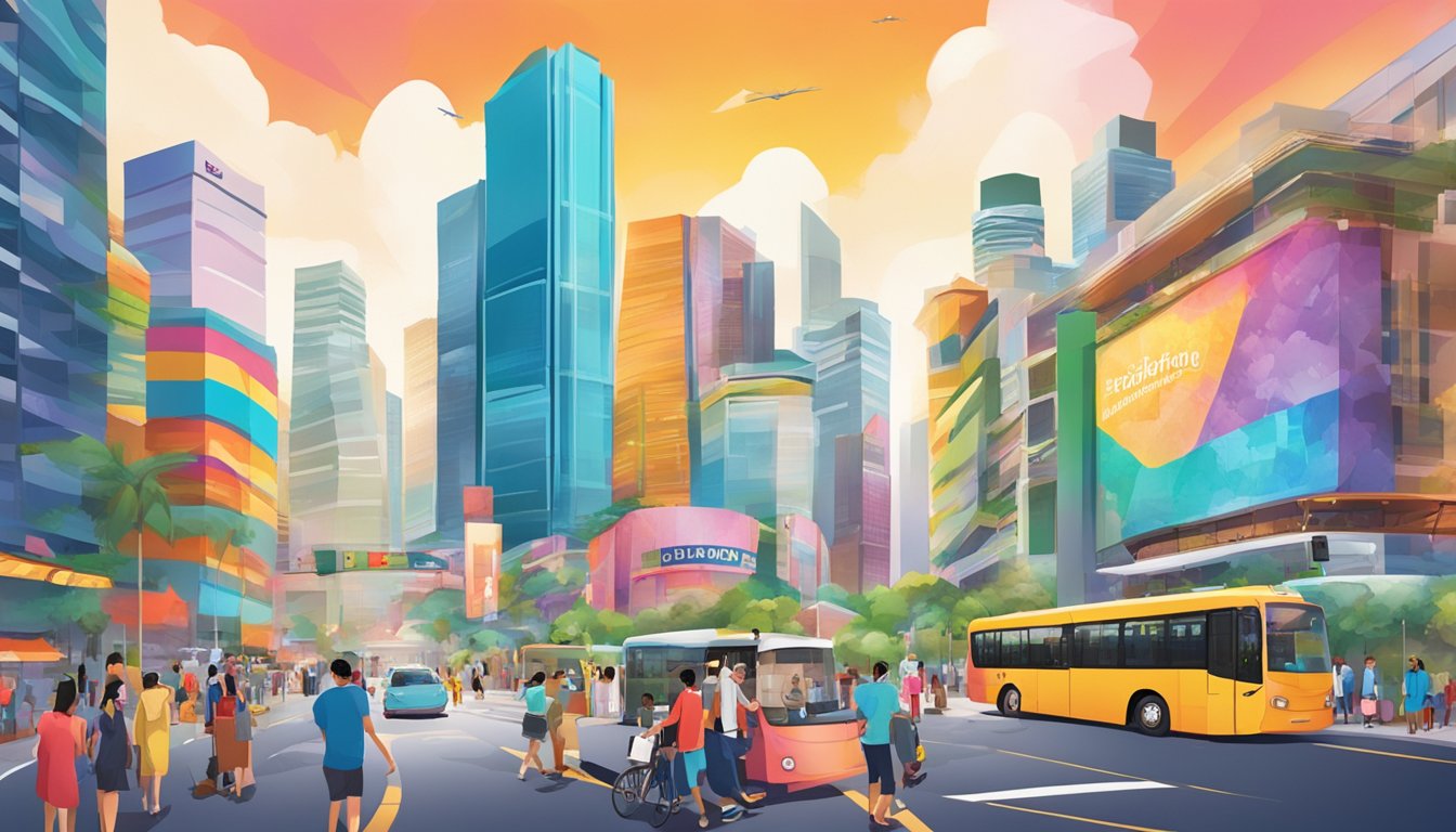 The bustling streets of Singapore, with Bradford's logo prominently displayed on a vibrant billboard amidst the colorful cityscape