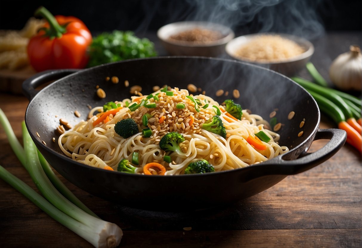 A wok sizzles with garlic, ginger, and scallions. Noodles are tossed in a savory soy sauce mixture, then topped with fresh vegetables and sesame seeds