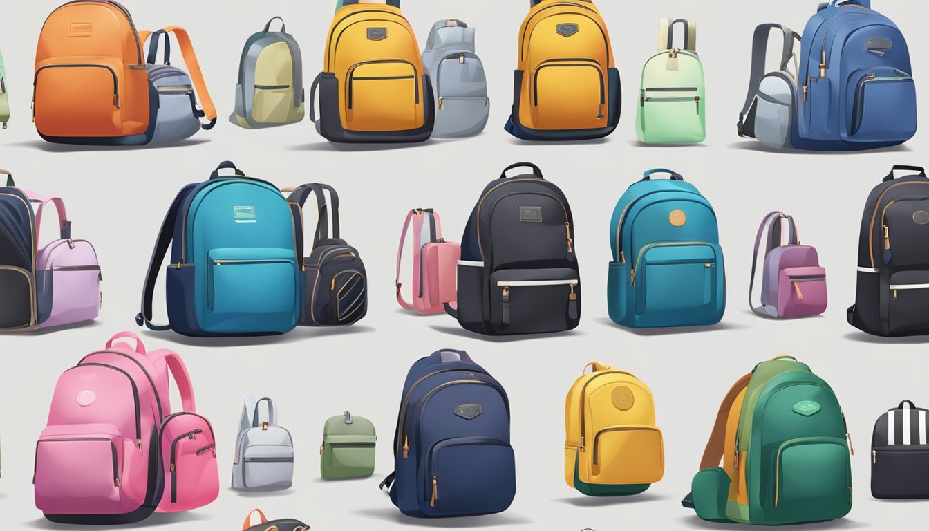 Colorful branded backpacks displayed on a runway, with spotlights highlighting their stylish designs and trendy details