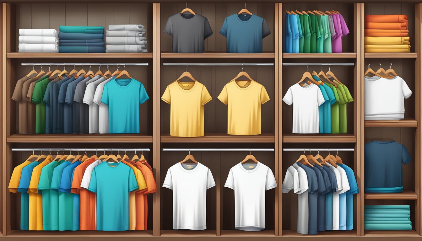 A display of branded men's t-shirts in various colors and designs, neatly folded and arranged on shelves or hanging from racks