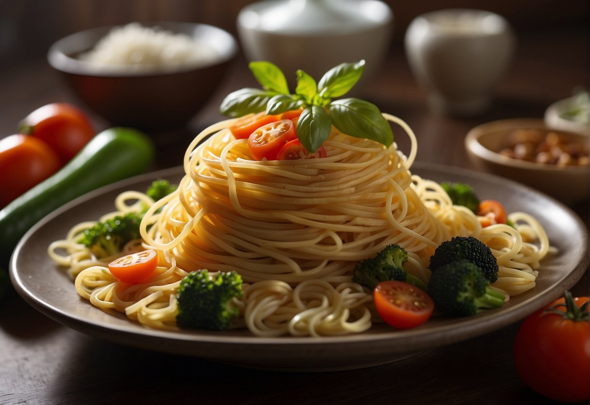 A steaming plate of Chinese spaghetti with vegetables and a side of nutritional information displayed prominently