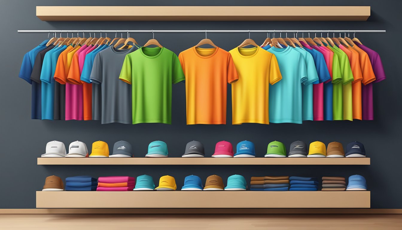 A colorful display of branded t-shirts for men, arranged on shelves or hanging from racks in a well-lit and inviting retail space