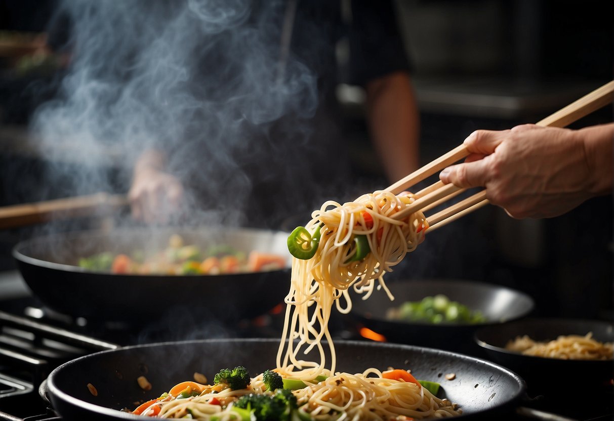 A steaming wok sizzles with stir-fried vegetables and savory Chinese spaghetti, while a chef's hand adds a final sprinkle of sesame seeds