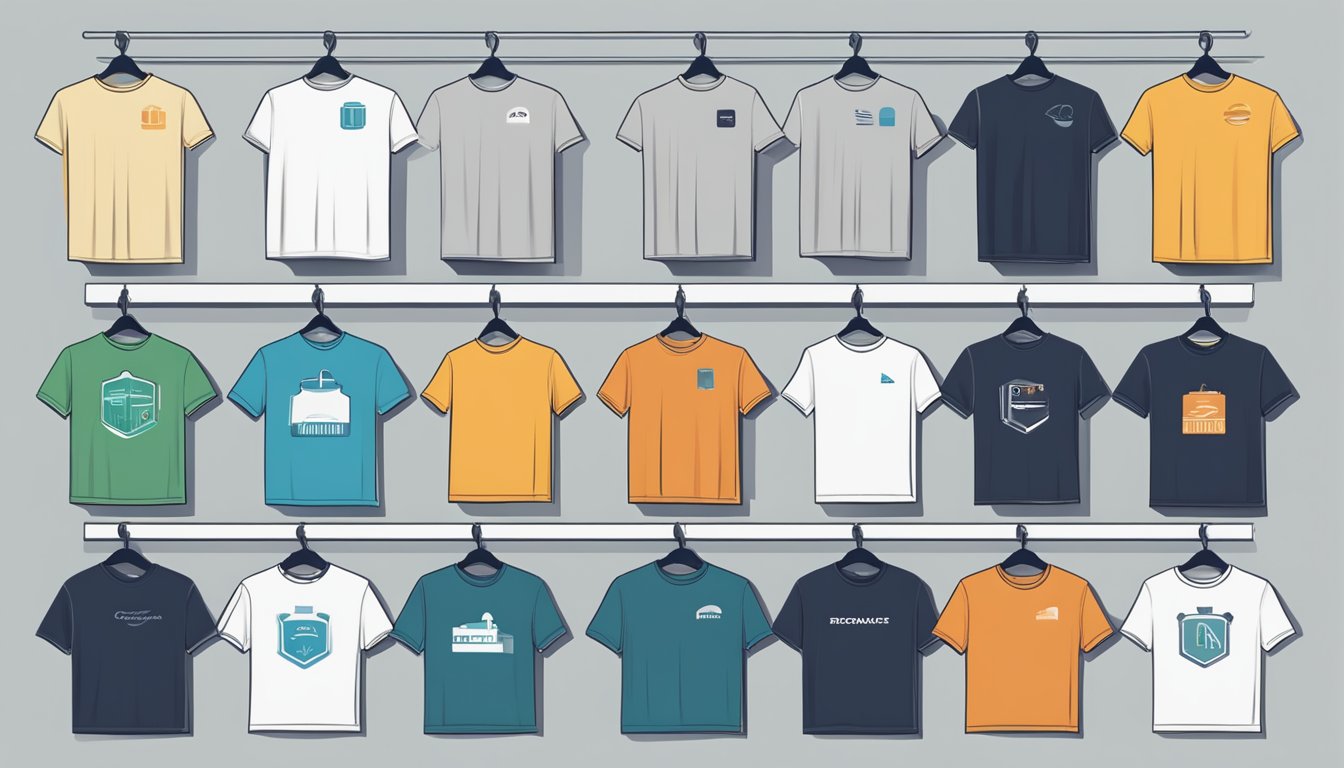 A branded tee displayed on a hanger, surrounded by other neatly folded branded t-shirts for men