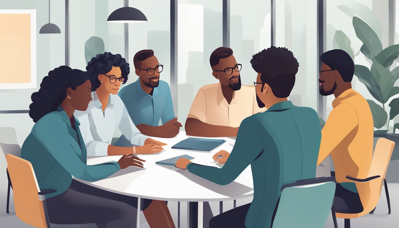 A group of diverse individuals gather around a table, engaged in discussion and decision-making. A clear sense of authority and direction is evident as they work towards guiding the organization