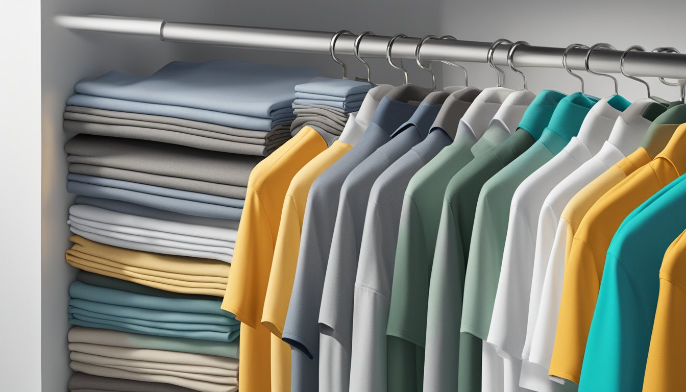 A stack of neatly folded Fabric of Comfort branded t-shirts for men, arranged in a display with the logo prominently visible
