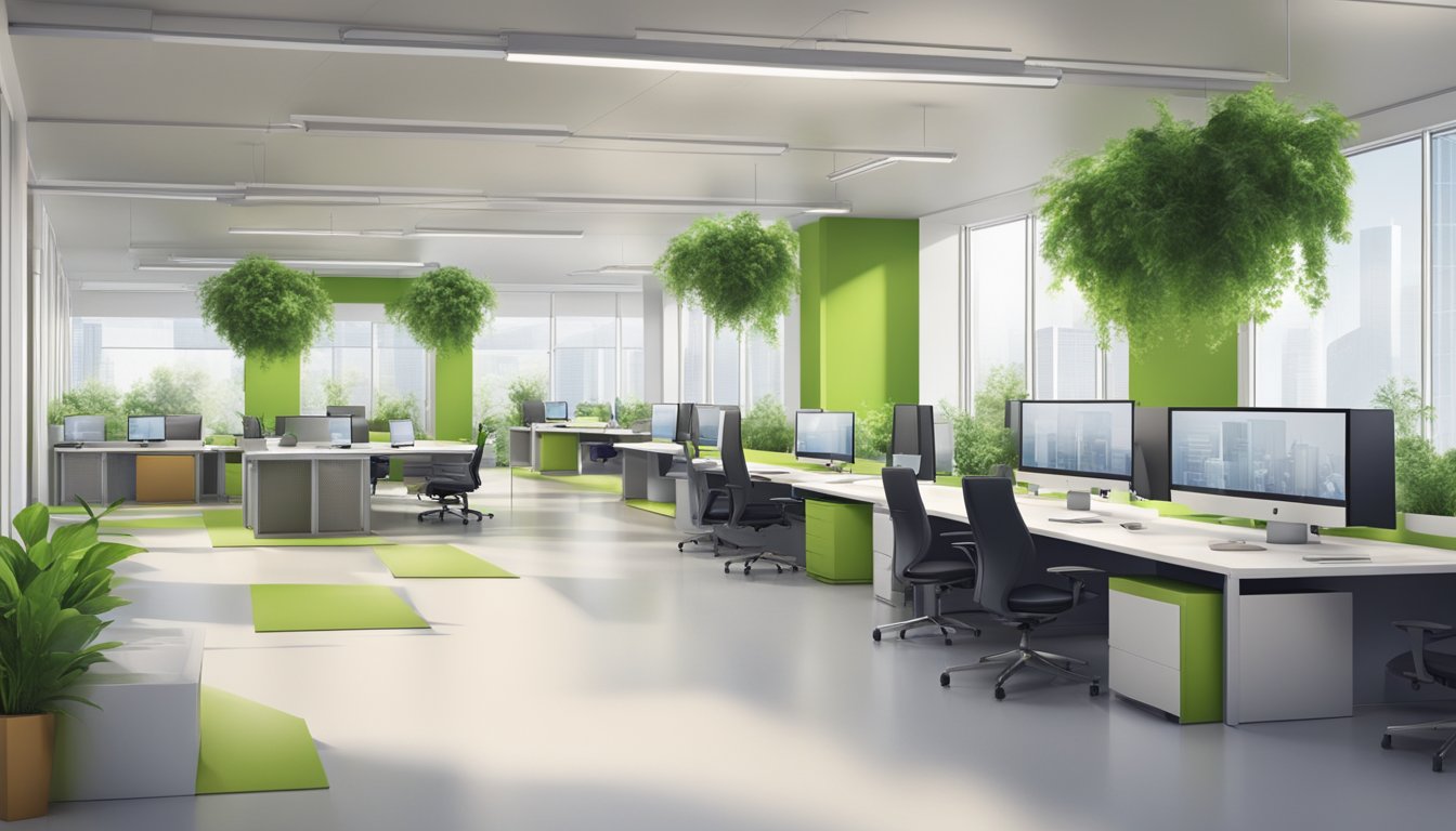 A modern office space with eco-friendly features and innovative technology. Sustainable products and green initiatives are showcased throughout the environment
