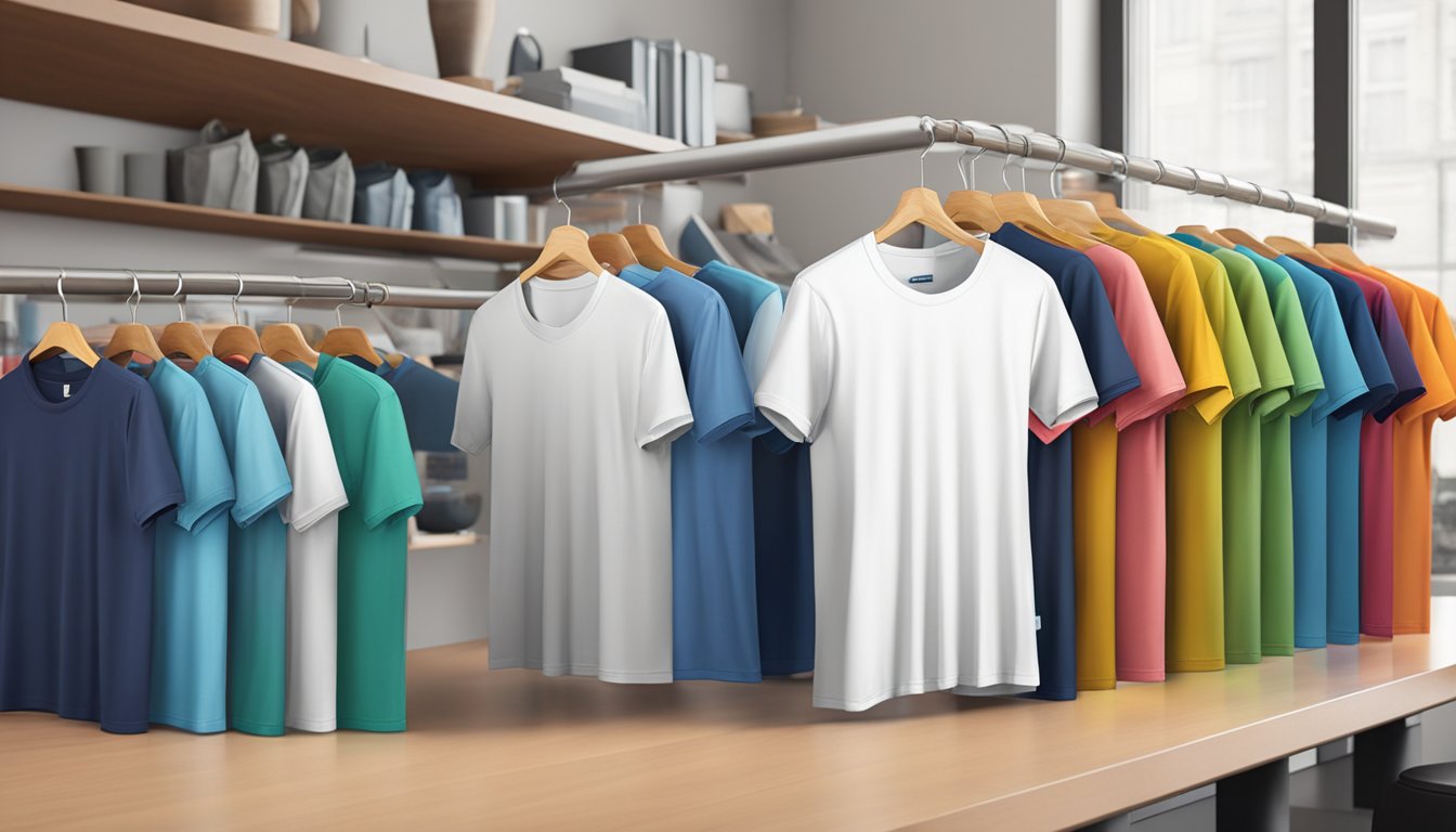 A table with various sizes of branded t-shirts for men displayed with a sizing chart in the background