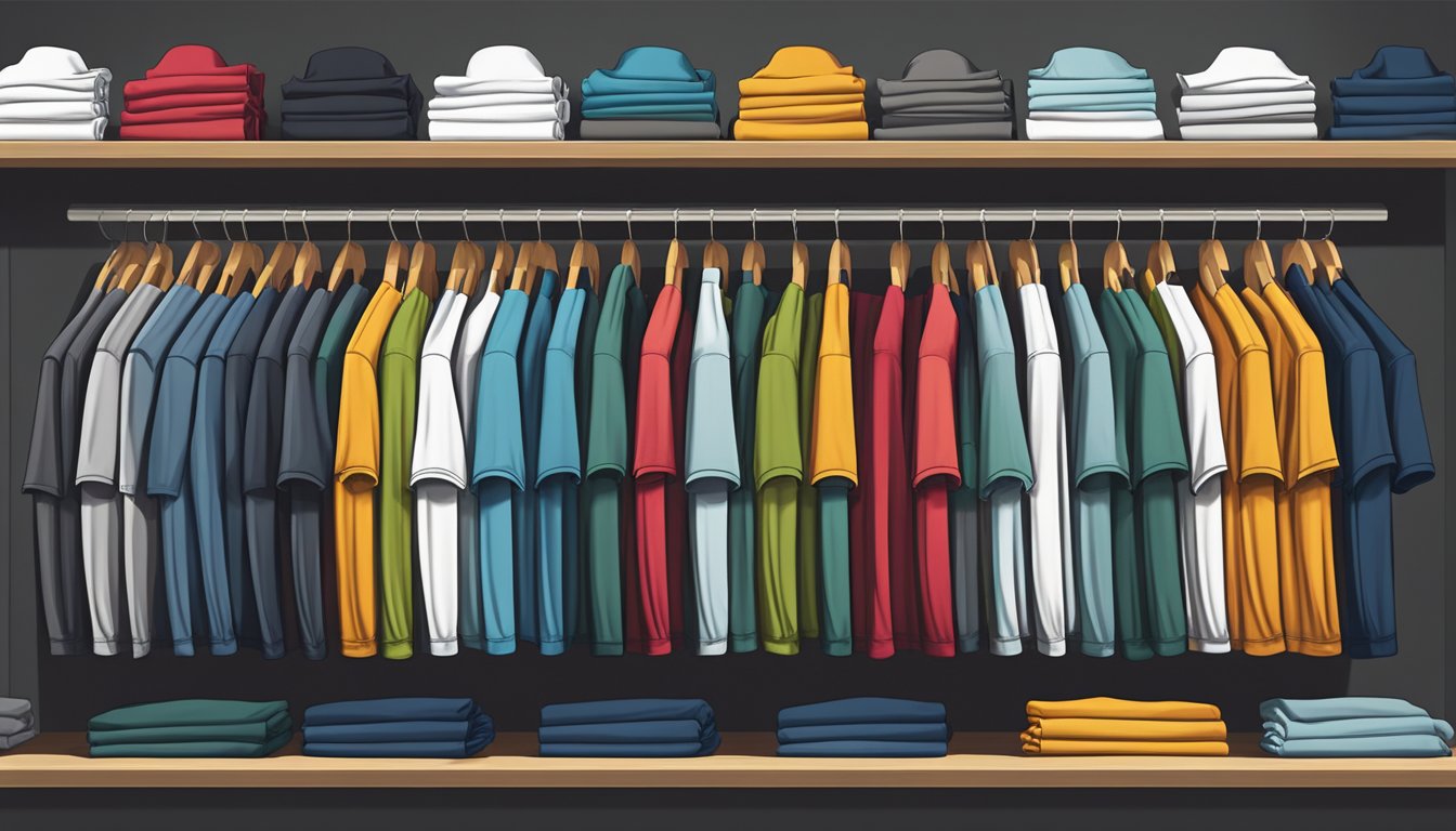 A display of branded men's t-shirts in a well-lit store, neatly folded and arranged by size and color, with a prominent logo visible on each shirt