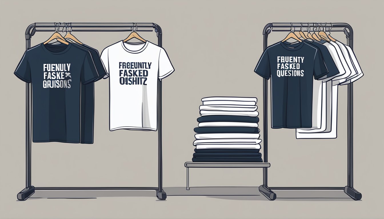 A stack of branded t-shirts with "Frequently Asked Questions" text, displayed on a clothing rack