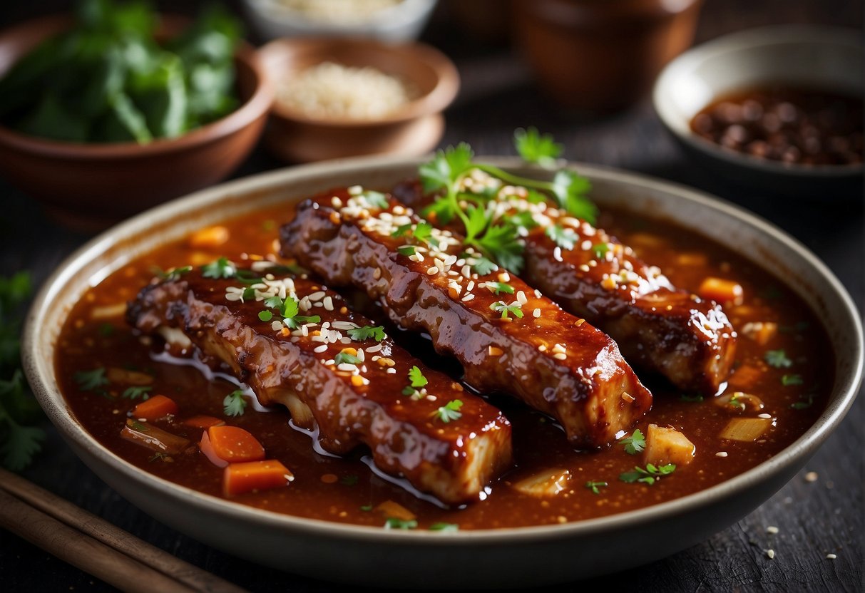 Sizzling spare ribs in a pressure cooker, surrounded by aromatic Chinese spices and a rich, savory sauce