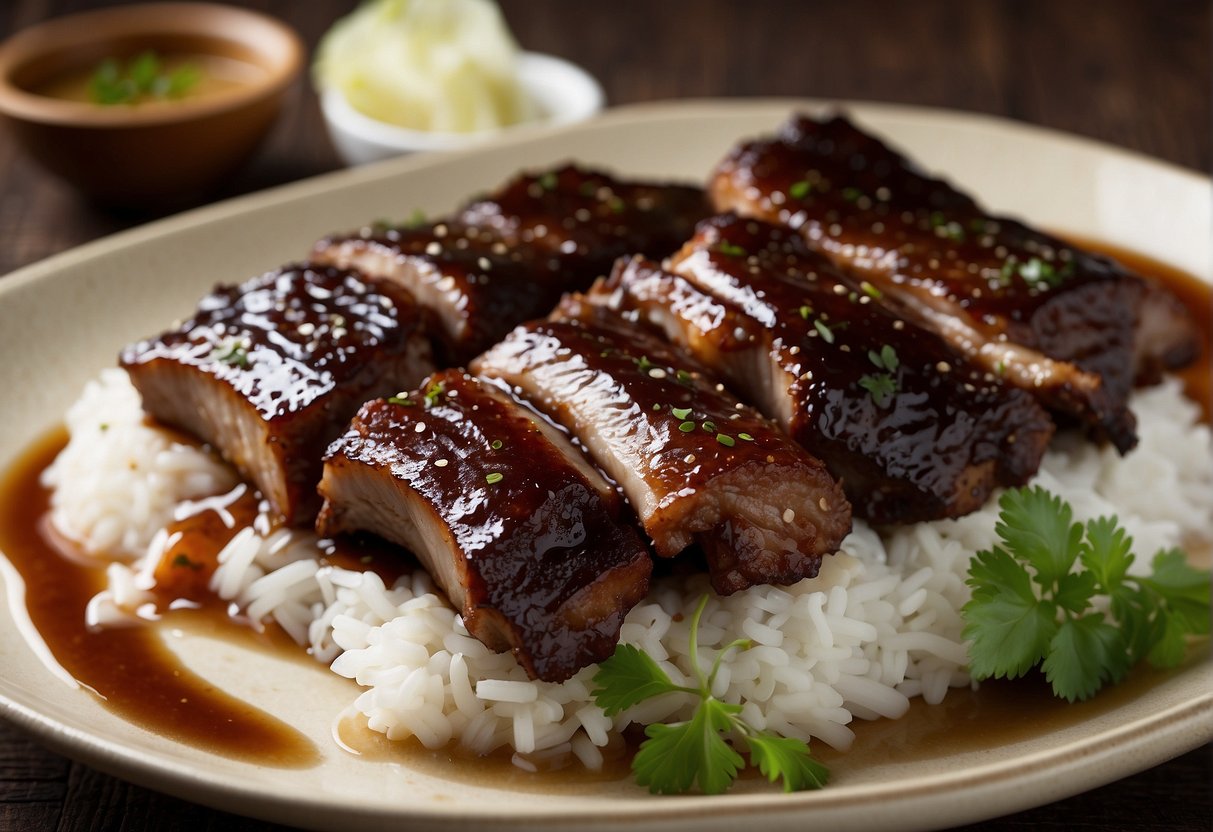 Chinese spare ribs, garlic, soy sauce, hoisin, ginger, rice vinegar, sugar, and water. Substitutions: pork loin, coconut aminos, maple syrup, and apple cider vinegar