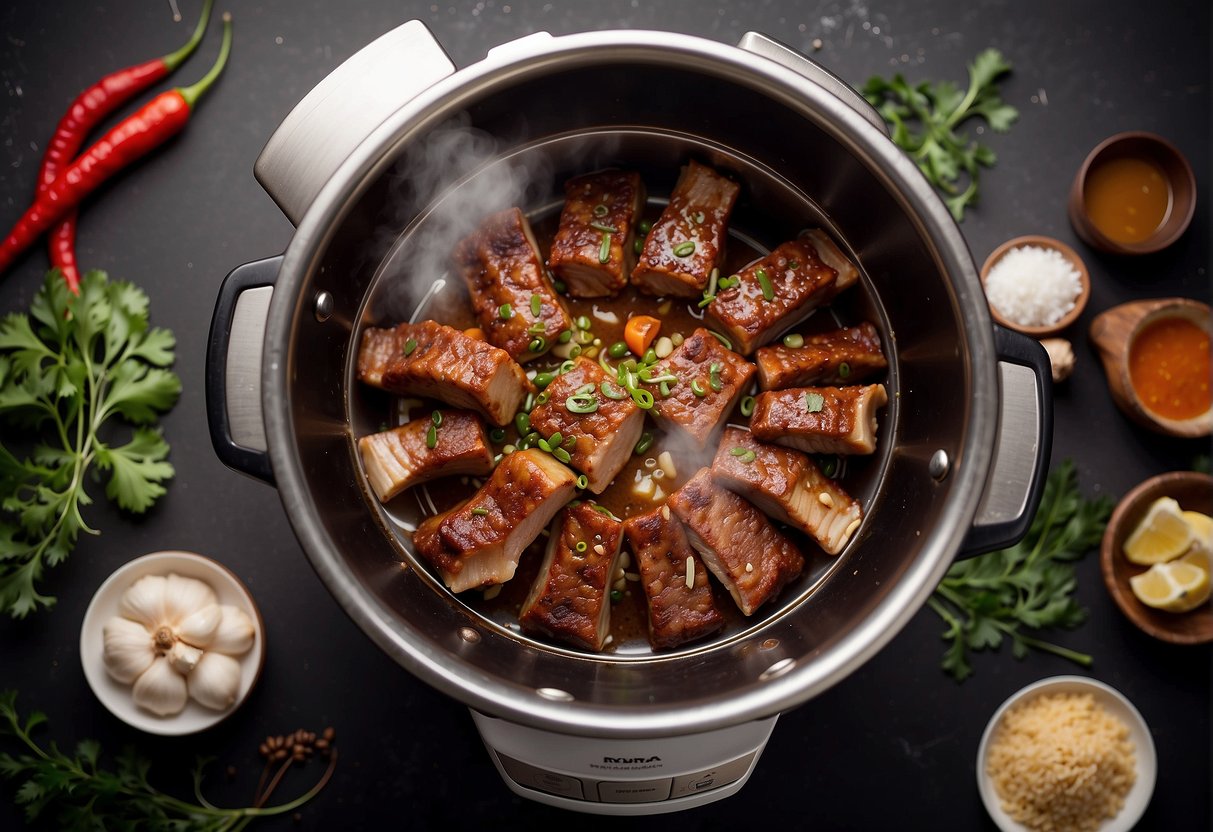 Spare ribs simmer in a pressure cooker, steam escaping, surrounded by aromatic ingredients like ginger, garlic, and soy sauce