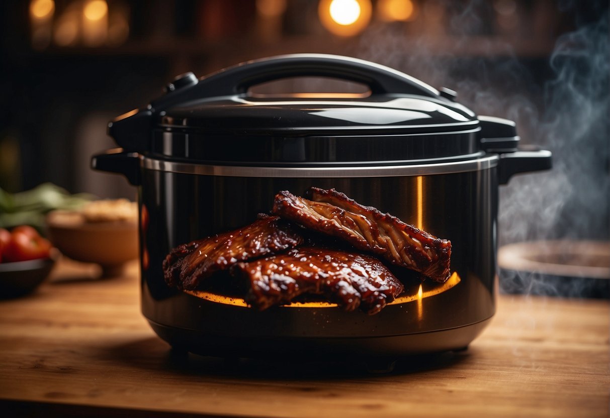 The pressure cooker hisses as the perfect glaze is brushed onto the Chinese spare ribs, steam rising, creating a tantalizing aroma