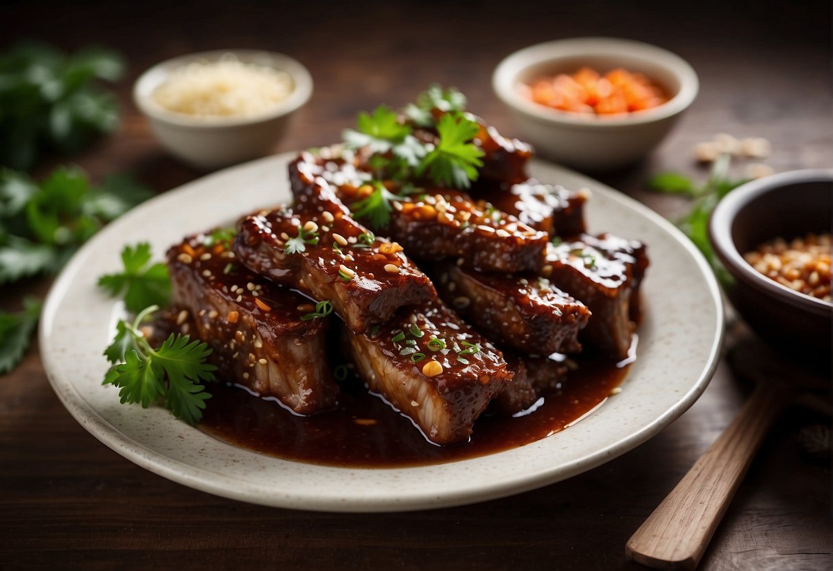 Chinese spare ribs simmer in a slow cooker, surrounded by aromatic spices and savory sauce, creating a mouthwatering aroma