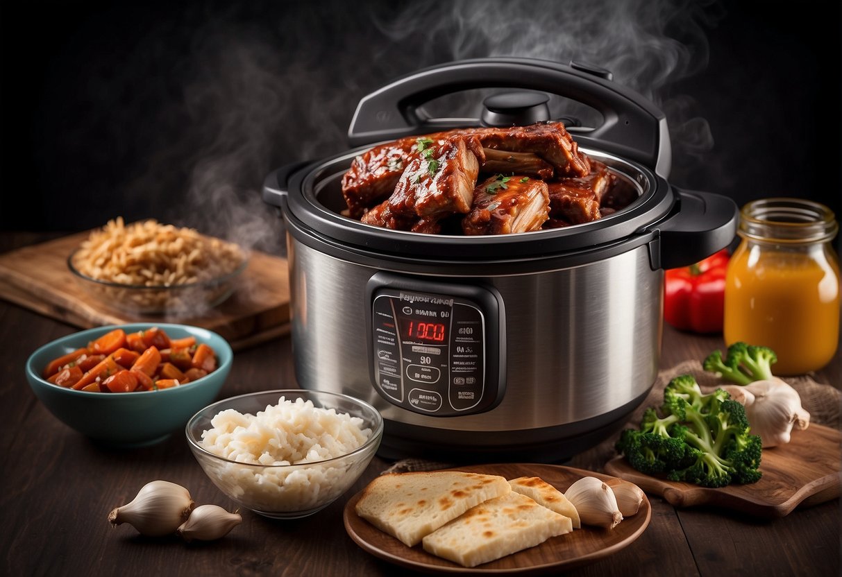 A pressure cooker surrounded by Chinese spare ribs, with steam escaping and a stack of recipe cards nearby