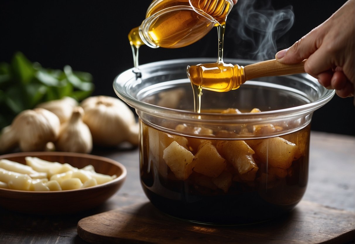 A hand selects fresh ginger, garlic, soy sauce, and honey for Chinese spare ribs in a slow cooker