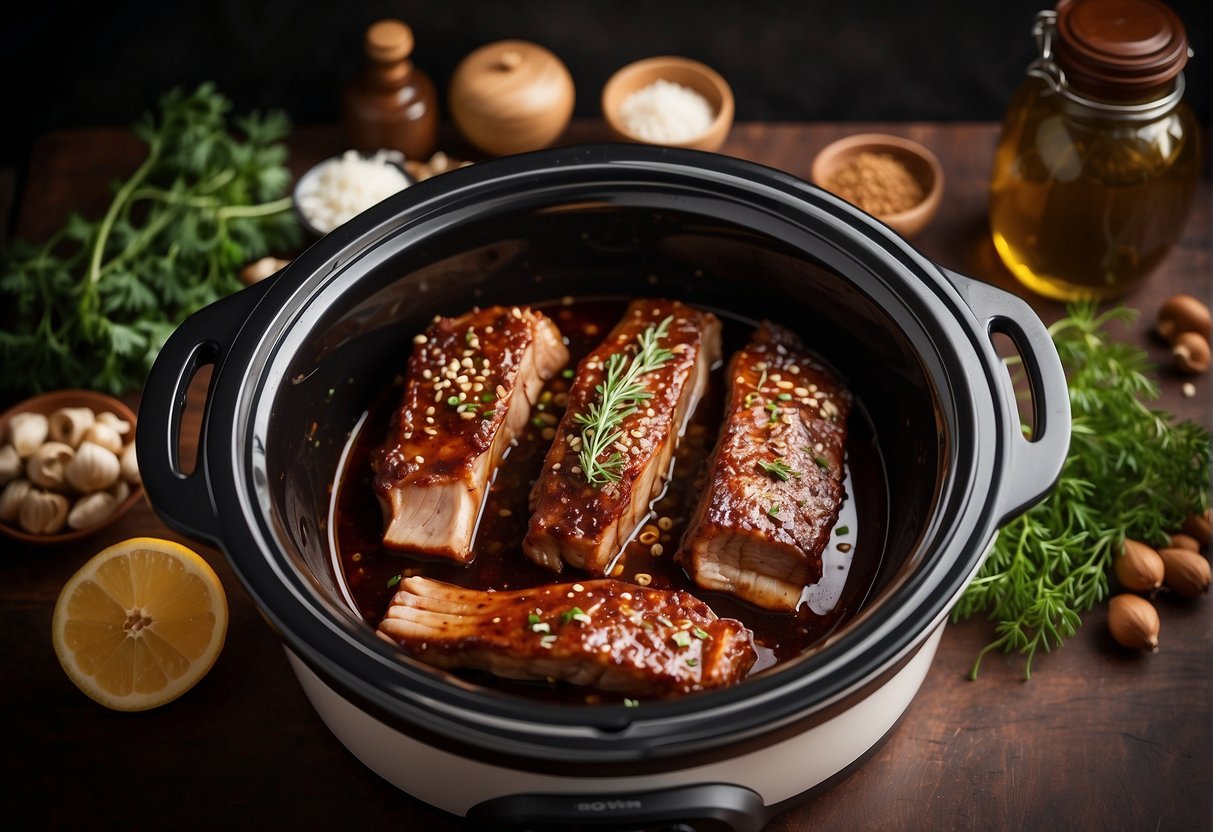 Ribs marinating in soy sauce, ginger, and garlic, placed in a slow cooker surrounded by aromatic spices and herbs