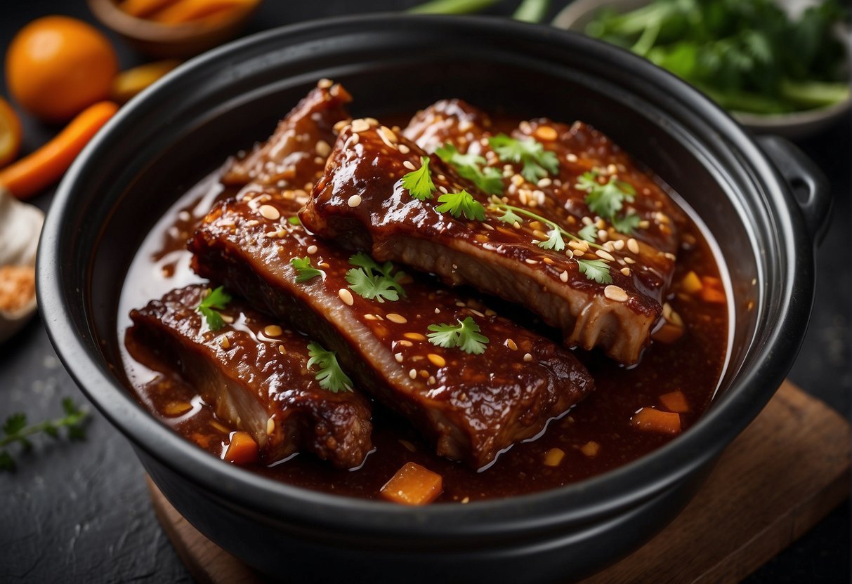 Chinese spare ribs simmer in a slow cooker, surrounded by aromatic spices and a rich, savory sauce
