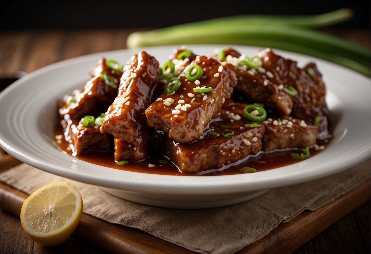 Spare ribs simmer in a rich, savory sauce in a slow cooker, garnished with sesame seeds and green onions
