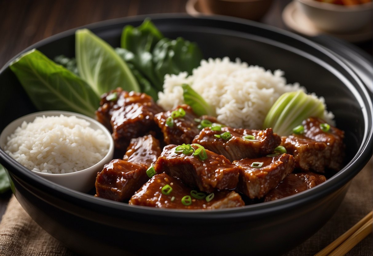 Chinese spare ribs simmer in a slow cooker, surrounded by complementary sides like steamed bok choy and fluffy white rice. A pair of chopsticks rests on the side, ready to serve up this delicious meal