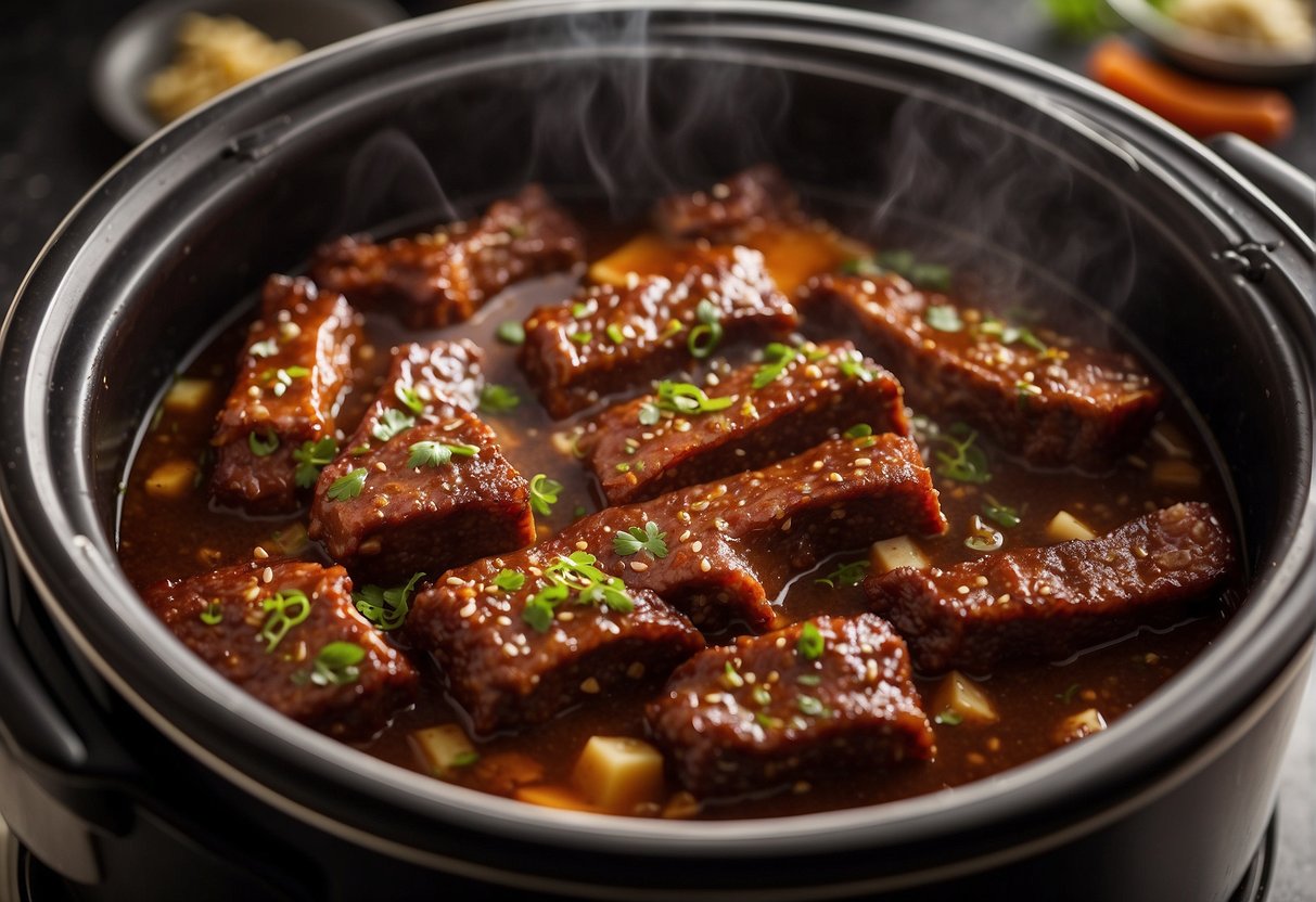 Chinese spare ribs simmer in a slow cooker. Steam rises from the pot as the savory aroma fills the kitchen. Ingredients like soy sauce, ginger, and garlic are visible nearby