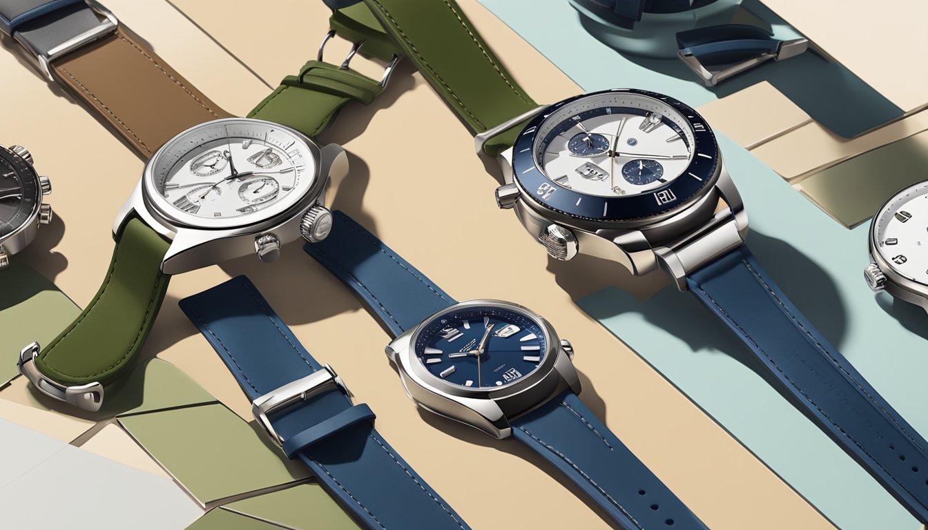 A display of various affordable watch brands arranged on a sleek, modern countertop. The watches are diverse in style and color, creating an enticing visual for potential customers