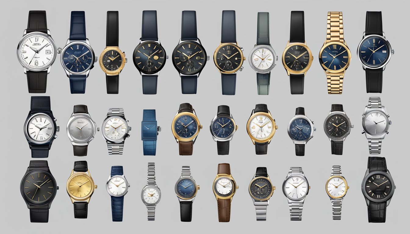 A display of various watch brands with clear price tags, showcasing affordability and diversity in design